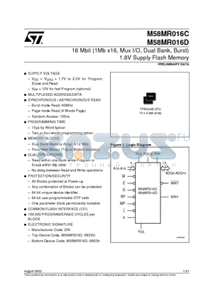 M58MR016CZC datasheet - 16 Mbit 1Mb x16, Mux I/O, Dual Bank, Burst 1.8V Supply Flash Memory