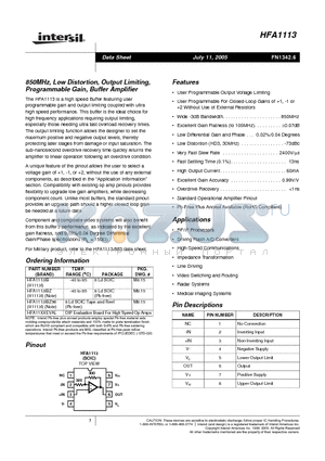 HFA1113 datasheet - 850MHz, Low Distortion, Output Limiting, Programmable Gain, Buffer Amplifier