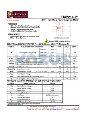 EMP214-P1 datasheet - 12.50 - 15.50 GHz Power Amplifier MMIC