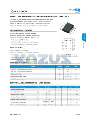 PJLCDA05 datasheet - QUAD LOW CAPACITANCE TVS ARRAY FOR HIGH SPEED DATA LINES