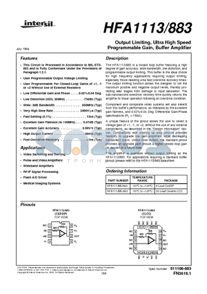 HFA1113883 datasheet - Output Limiting, Ultra High Speed Programmable Gain, Buffer Amplifier