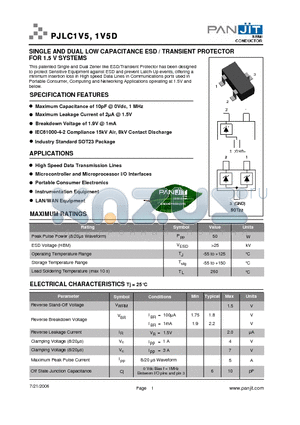 PJLC1V5 datasheet - SINGLE AND DUAL LOW CAPACITANCE ESD / TRANSIENT PROTECTOR FOR 1.5 V SYSTEMS