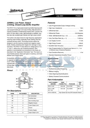 HFA1115IB datasheet - 225MHz, Low Power, Output Limiting, Closed Loop Buffer Amplifier