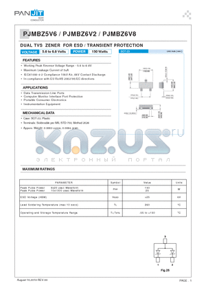 PJMBZ6V2 datasheet - DUAL TVS ZENER FOR ESD / TRANSIENT PROTECTION