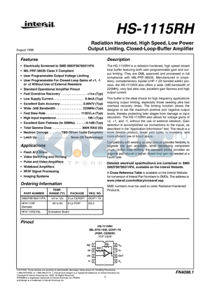 HFA1115IP datasheet - Radiation Hardened, High Speed, Low Power Output Limiting, Closed-Loop-Buffer Amplifier