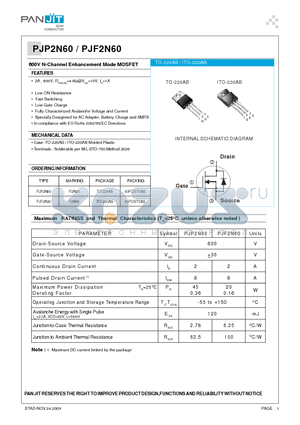 PJP2N60 datasheet - 600V N-Channel Enhancement Mode MOSFET