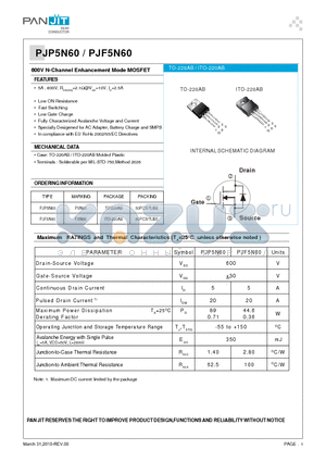 PJP5N60 datasheet - 600V N-Channel Enhancement Mode MOSFET