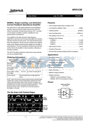 HFA1130 datasheet - 850MHz, Output Limiting, Low Distortion Current Feedback Operational Amplifier