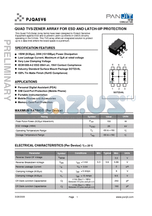 PJQA5V6 datasheet - QUAD TVS/ZENER ARRAY FOR ESD AND LATCH-UP PROTECTION