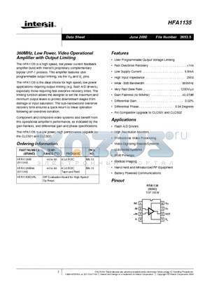 HFA1135 datasheet - 360MHz, Low Power, Video Operational Amplifier with Output Limiting