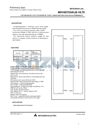 MH16D72AKLB-10 datasheet - 1,207.959,552-BIT (16,777,216-WORD BY 72-BIT) Double Data Rate Synchronous DRAM Module