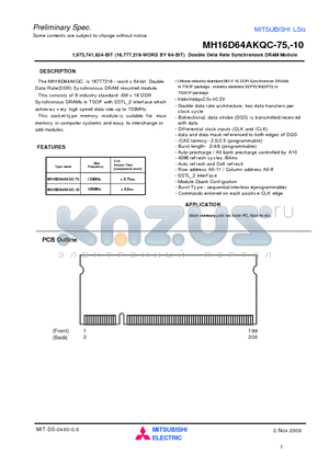 MH16D64AKQC-10 datasheet - 1,073,741,824-BIT (16,777,216-WORD BY 64-BIT) Double Data Rate Synchronous DRAM Module