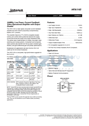 HFA1145IP datasheet - 330MHz, Low Power, Current Feedback Video Operational Amplifier with Output Disable