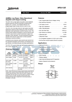 HFA1135IBZ datasheet - 360MHz, Low Power, Video Operational Amplifier with Output Limiting