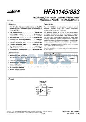 HFA1145/883 datasheet - High Speed, Low Power, Current Feedback Video Operational Amplifier with Output Disable