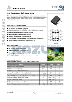 PJRDA200-4 datasheet - Low Capacitance TVS Diode Array
