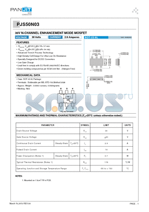 PJS50N03 datasheet - 30V N-CHANNEL ENHANCEMENT MODE MOSFET