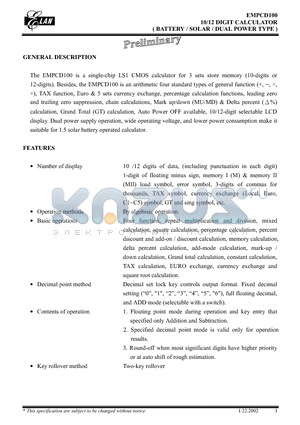 EMPCD100 datasheet - 10/12 DIGIT CALCULATOR (BATTERY/SOLAR/ DUAL POWER TYPE)