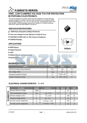 PJSD03TS datasheet - 120W, LOW CLAMPING VOLTAGE TVS FOR PROTECTION IN PORTABLE ELECTRONICS