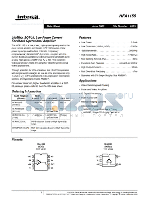 HFA1155EVAL datasheet - 380MHz, SOT-23, Low Power Current Feedback Operational Amplifier