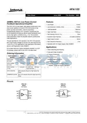 HFA1155IB datasheet - 380MHz, SOT-23, Low Power Current Feedback Operational Amplifier