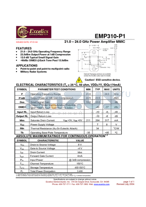 EMP310-P1 datasheet - 21.0 - 24.0 GHz Power Amplifier MMIC