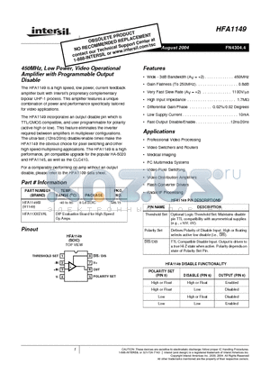 HFA1149IB datasheet - 450MHz, Low Power, Video Operational Amplifier with Programmable Output Disable