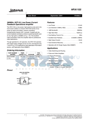 HFA1155IH96 datasheet - 380MHz, SOT-23, Low Power Current Feedback Operational Amplifier