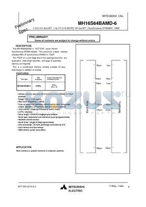 MH16S64BAMD-6 datasheet - 1,073,741,824-BIT ( 16,777,216-WORD BY 64-BIT ) Synchronous DYNAMIC RAM