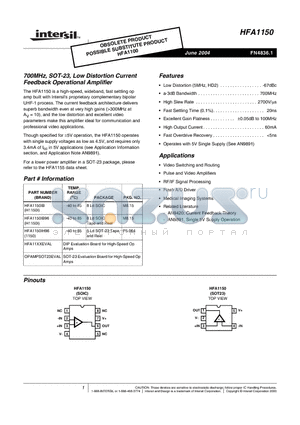 HFA1150IB datasheet - 700MHz, SOT-23, Low Distortion Current Feedback Operational Amplifier