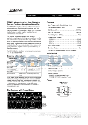 HFA11XXEVAL datasheet - 850MHz, Output Limiting, Low Distortion Current Feedback Operational Amplifier