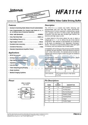 HFA11XXEVAL datasheet - 850MHz Video Cable Driving Buffer