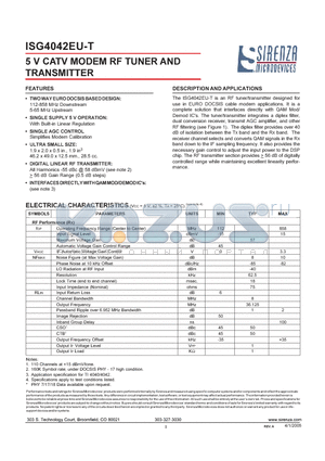 ISG4042EU-T datasheet - 5V CATV MODEM RF TUNER AND TRANSMITTER