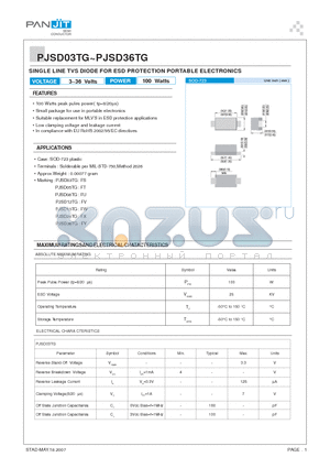 PJSD05TG datasheet - SINGLE LINE TVS DIODE FOR ESD PROTECTION PORTABLE ELECTRONICS