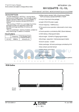 MH16S64FFB-10L datasheet - 1073741824-BIT (16777216 - WORD BY 64-BIT)SynchronousDRAM