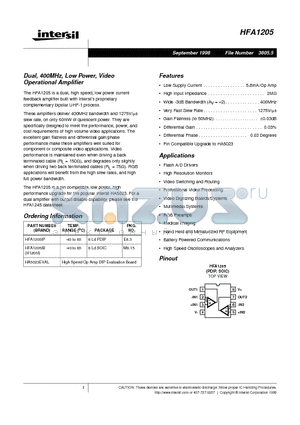 HFA1205IB datasheet - Dual, 400MHz, Low Power, Video Operational Amplifier