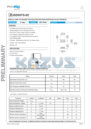 PJSD05TS-02 datasheet - SINGLE LINE TVS DIODE FOR ESD PROTECTION PORTABLE ELECTRONICS