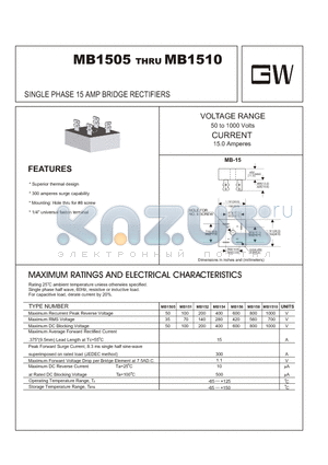 MB158 datasheet - SINGLE PHASE 15 AMP BRIDGE RECTIFIERS