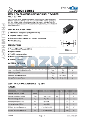 PJSD05_05 datasheet - 400W LOW CLAMPING VOLTAGE SINGLE TVS FOR PROTECTION
