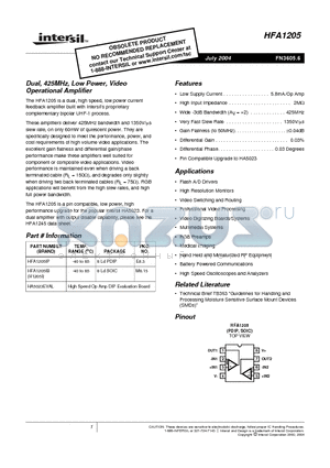 HFA1205 datasheet - Dual, 425MHz, Low Power, Video Operational Amplifier