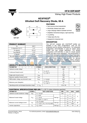 HFA120FA60P datasheet - HEXFRED^ Ultrafast Soft Recovery Diode, 60 A