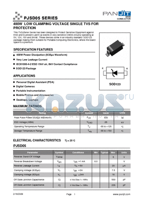 PJSD12 datasheet - 400W LOW CLAMPING VOLTAGE SINGLE TVS FOR PROTECTION