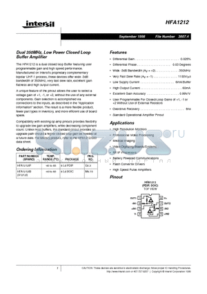 HFA1212 datasheet - Dual 350MHz, Low Power Closed Loop Buffer Amplifier