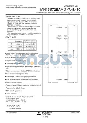 MH16S72BAMD-10 datasheet - 1207959552-BIT (16777216 - WORD BY 72-BIT)SynchronousDRAM