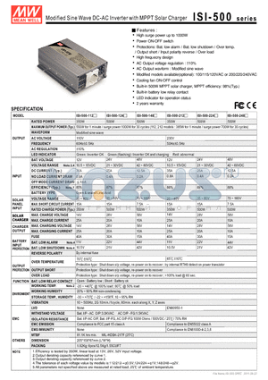 ISI-500 datasheet - Modified Sine Wave DC-AC Inverter with MPPT Solar Charger