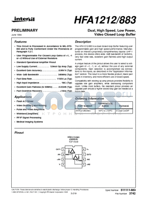 HFA1212883 datasheet - Dual, High Speed, Low Power, Video Closed Loop Buffer