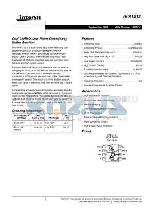 HFA1212IB datasheet - Dual 350MHz, Low Power Closed Loop Buffer Amplifier