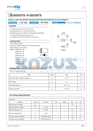 PJSD12TS datasheet - SINGLE LINE TVS DIODE FOR ESD PROTECTION PORTABLE ELECTRONICS