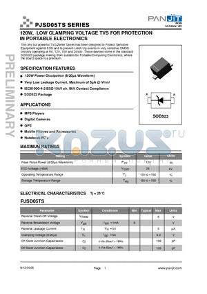 PJSD15TS datasheet - 120W, LOW CLAMPING VOLTAGE TVS FOR PROTECTION IN PORTABLE ELECTRONICS