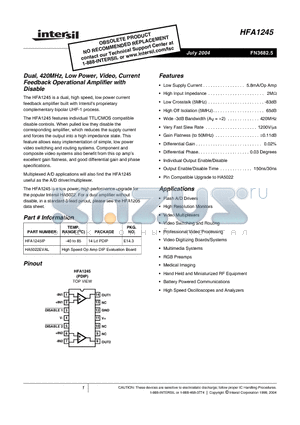 HFA1245 datasheet - Dual, 420MHz, Low Power, Video, Current Feedback Operational Amplifier with Disable